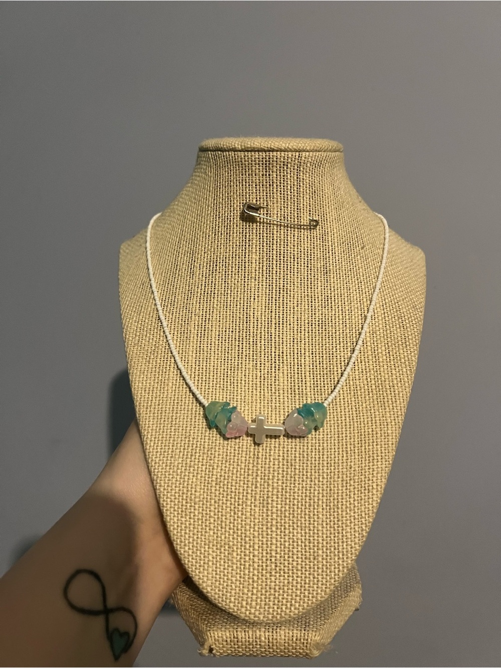 #186. Handmade Cross Beaded Necklace with Flowers